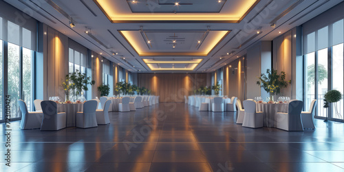 Elegant empty big Banquet Hall. Luxurious empty banquet hall with glossy floors.
