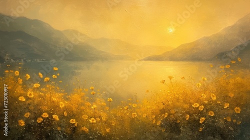 Painting of soft tone asthetic golden flowers mountainscape, yellow and sunny and gentle in style Claude Monet