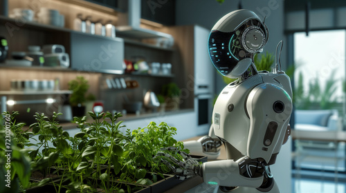 Domestic Robot Tending to Indoor Herb Garden. A domestic robot with a digital face is gently caring for an indoor herb garden, suggesting a blend of technology and sustainable living. 