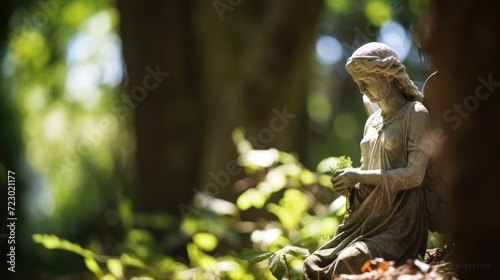 Angel statue grieving and praying on graveyard at golden hour in summer cemetery with warm sun rays for burial funeral services background with copyspace