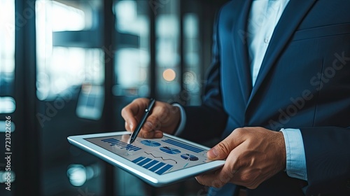 Professional economist in suit analyzing business data on a tablet. Doing business. 