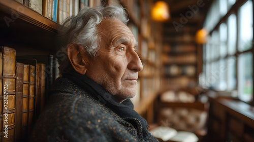 Aging man contemplating life with wrinkles in the library with books, by the window