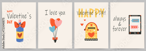 Postcards templates set for Saint Valentine's day, 14 february. Hand drawn cards with wine, balloons, mailbox, smartphone, heart, text.