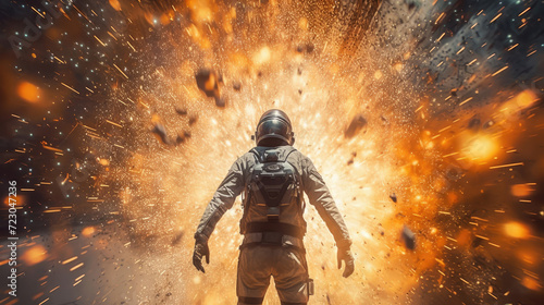 An astronaut in an explosion, elevating the futuristic action movie concept
