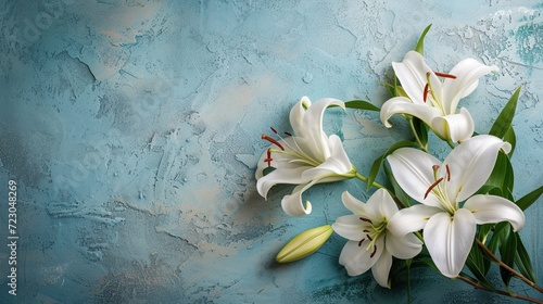 Gorgeous white lilies on a background of walls.