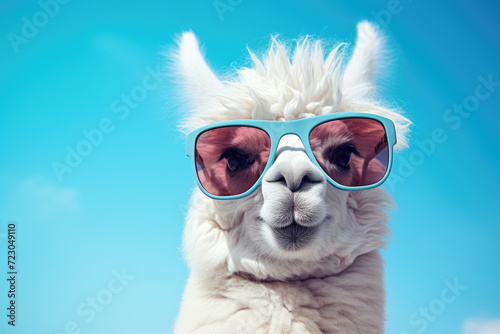 A llama wearing sunglasses stands against a vibrant blue sky background.