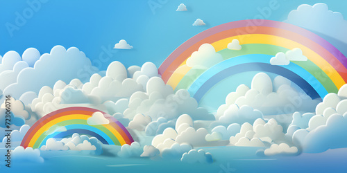 Weather forecast sign meteorological icon cloud and rainbow 3d rendering, A beautiful rainbow sky,