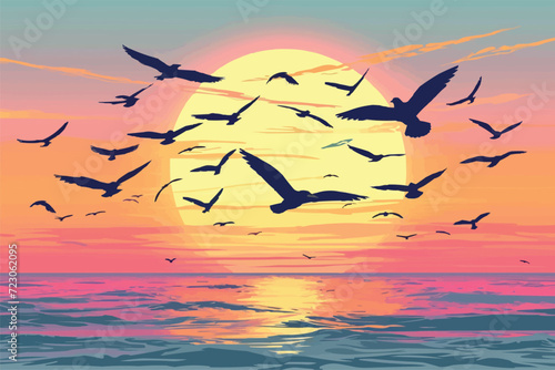 Silhouettes of Seagulls over the Sea during amazing sunset background, Birds in the Sky with sunset Background, Silhouette of birds flying with sunset