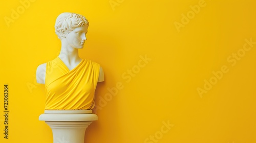 A modern twist on classical art, featuring a bust of Venus de Milo draped with a vibrant yellow fabric against a bold yellow background, creating a striking monochromatic effect.
