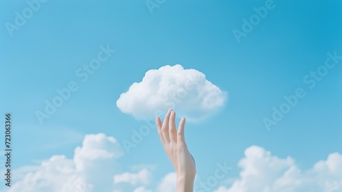 A conceptual image of a hand reaching towards a single, fluffy cloud against a clear blue sky, representing ideas of aspiration, imagination, and cloud computing technology.