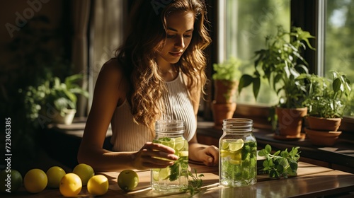 A young woman prepares infused water with fresh cucumber, mint, and lemon in a sunlit kitchen with potted herbs on the windowsill, showcasing a lifestyle of wellness and natural living.