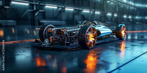 futuristic electric sport fast car chassis and battery high performance concepts as wide banner with copy space area - Generative AI