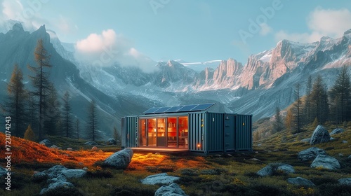 shipping container turned into a solar-powered small home. AI Generate