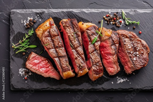 Barbecue aged wagyu porterhouse steak sliced as top view on a slate board, Beef T-Bone juicy steak rare beef with spices. Food recipe background.