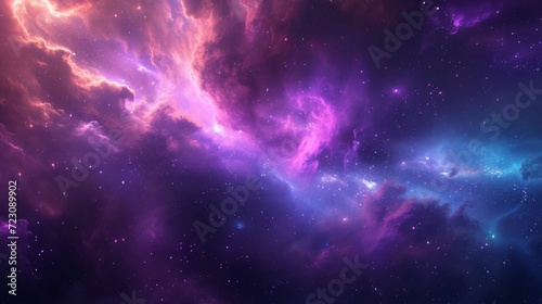 A photograph of a mystic space background, vibrant nebula with swirling colors of purple and blue, stars twinkling in the distance Ethereal cosmic rays piercing through Created Using high-resol