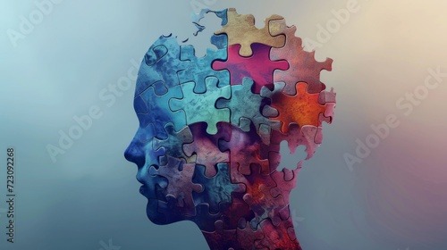 An artistic rendering of a head where the brain area is illustrated with interconnected puzzle pieces, emphasizing the unique cognitive processes in autism Created Using Artistic rendering, int