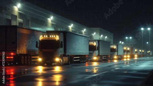 Nighttime scene of a logistic center, with illuminated trucks lined up for loading, showcasing 247 operational capability Created Using Nighttime, logistic center, illuminated trucks, loading a