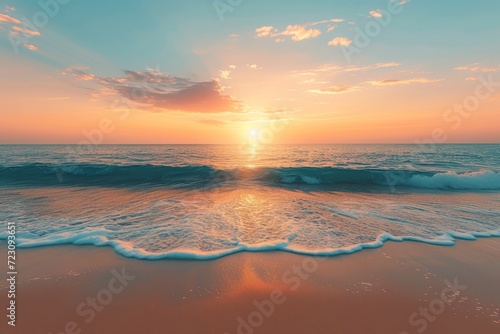 Closeup sea sand beach. Inspire tropical beach seascape horizon. Orange and golden sunset sky calmness tranquil relaxing sunlight summer mood. Vacation travel holiday banner