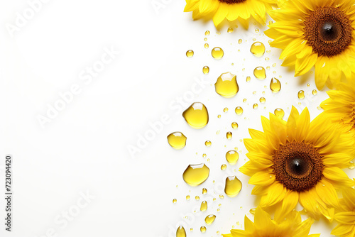 drops of oil next to sunflower flowers on a white background, space for text,