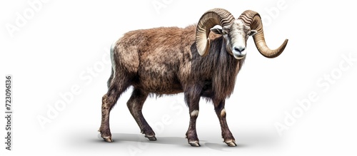 The European moufflon is a ruminant cloven-hoofed animal of the sheep genus isolated on white background