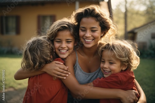 woman is hugging three children and laughing