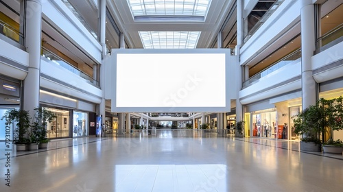 Large blank white horizontal billboard banner or advertisement poster displayed in a moll or shopping center, no people, nobody. Empty mockup board indoors for commercial, framed screen space