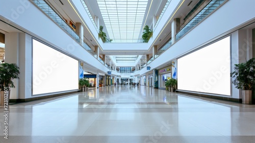 Two blank white horizontal billboard banners or advertisement posters displayed in a moll or shopping center, no people, nobody. Empty mockups board indoors for commercial, framed screen space