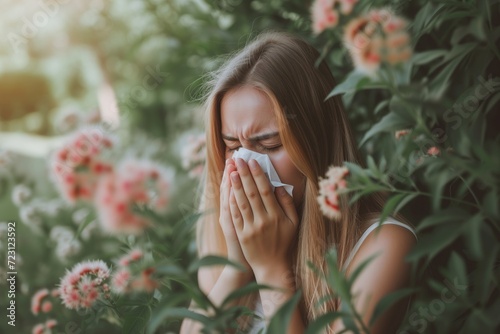 a young caucasian white woman sneezing into a napkin blowing her stuffed nosed caused by seasonal allergies standing outside in the field of blooming and blossoming flowers, trees and plants