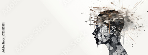 Black Abstract Illustration of African Woman Head Representing Mental Health Isolated on White Background with Copy Space. Generative AI