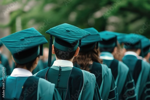 A momentous occasion is captured from behind as four graduates, clad in traditional green graduation robes and mortarboards, stand side by side, looking towards a future filled with promise. Ai genera