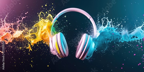 Headphones with shining colorful sound waves on dark background. Headphones surrounded by colorful, dynamic smoke waves on a dark background. Good for podcast show banner, radio, broadcast, show