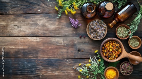 Various types of traditional natural herbal medicines on wooden board. AI generated image