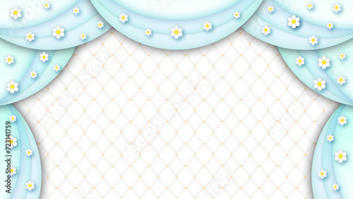 白い花とカーテン淡い水色のダイヤモンド柄 レトロ