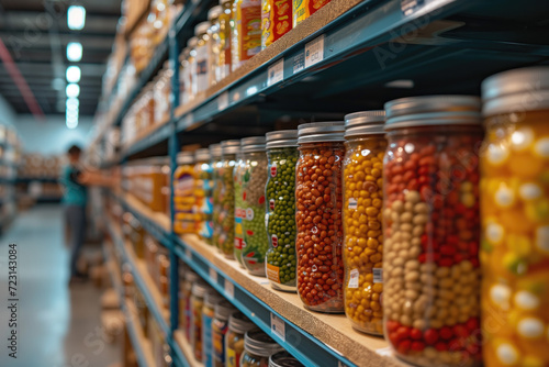 In a humble community food pantry, shelves lined with a variety of canned foods stand as a testament to generosity.