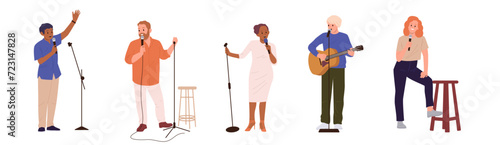 Diverse people standup comedians cartoon characters performing with microphone isolated set