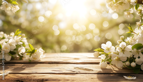 a beautiful spring table on wood background with whit