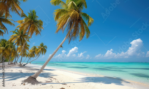 Beautiful tranquil empty bright white paradise sand beach, palm trees, and turquoise water in Zanzibar