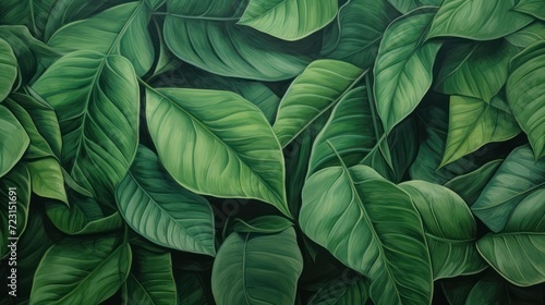 Close up view of fresh, lush, dewy green leaves, natural green plant background wallpaper.