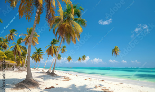 Beautiful tranquil empty bright white paradise sand beach, palm trees, and turquoise water in Zanzibar
