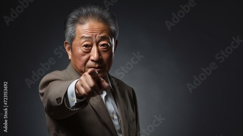 asian senior business man pointing to the camera isolated on black background