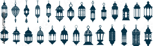 Elegant set of varied traditional lantern silhouettes, ideal for festive and cultural celebration themes. Ramadan lamp set in arabic style. Cartoon vector illustration design.