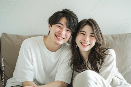 自宅のソファで談笑する日本人カップル・夫婦・兄弟（友達・恋人・自宅デート）