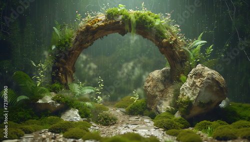 a large wooden arch surrounded by moss and plants in 