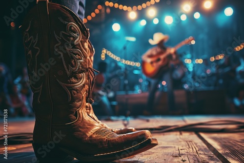 Country music festival live event featuring cowboys in a barn setting