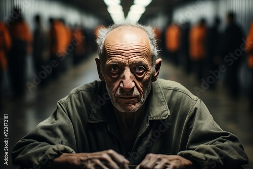 A man behind bars in prison. The prisoner looks into the camera