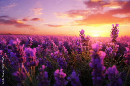 Lavender flowers basking in the warm glow of the setting sun