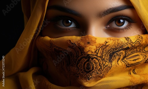 Portrait close-up of the face of a young charming woman wearing the terracotta hijab orange yellowish