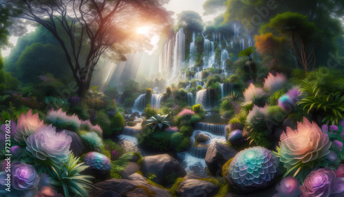 Mystical waterfall garden, showcasing a different angle to capture the breadth and magic of the landscape