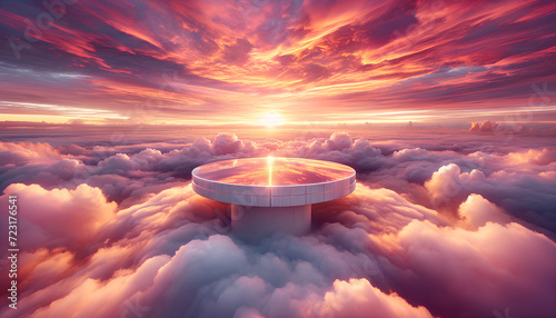 Close-up view of a white circular pedestal in a sky filled with vibrant pink clouds at sunrise