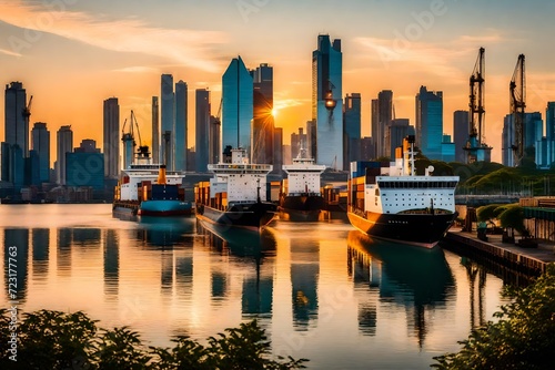 A bustling waterfront port at sunrise, cargo ships unloading against a backdrop of modern skyscrapers and lush greenery, reflections of the city lights dancing on the calm water